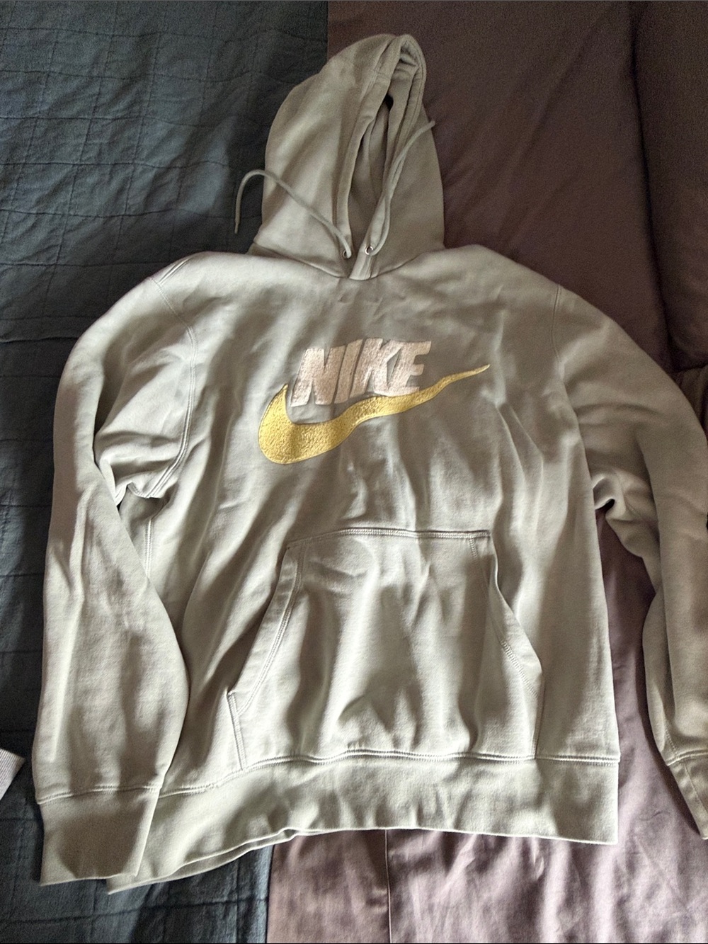 Nike Men's Light Beige Hoodie with Gold Swoosh
